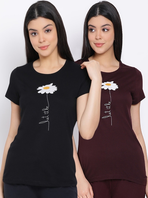 

Kanvin Women Pack Of 2 Printed Pure Cotton Lounge T-shirts, Brown