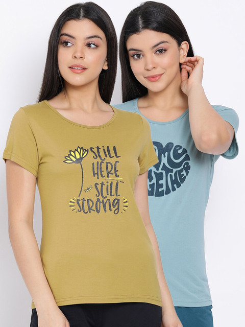 

Kanvin Women Pack Of 2 Printed Pure Cotton Lounge T-shirts, Blue