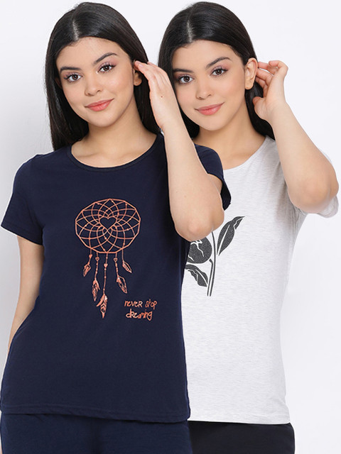 

Kanvin Women Navy Blue & Grey Pack Of 2 Printed Pure Cotton Lounge T-shirts