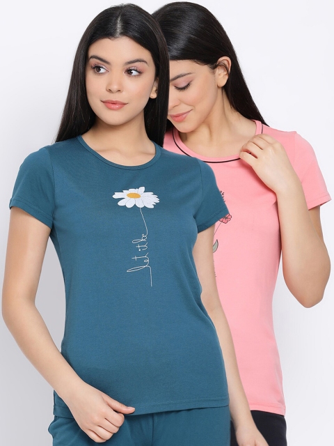 

Kanvin Women Teal & Pink Pack Of 2 Printed Pure Cotton Lounge T-shirts