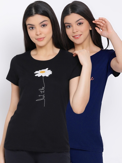 

Kanvin Women Pack Of 2 Printed Pure Cotton Lounge T-shirts, Black