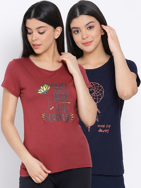 

Kanvin Women Pack Of 2 Printed Pure Cotton Lounge T-shirts, Maroon