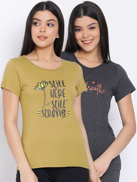 

Kanvin Women Green & Charcoal Pack Of 2 Printed Pure Cotton Lounge T-shirts