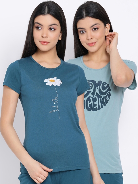 

Kanvin Women Sea Green & Teal Green Pack Of 2 Printed Pure Cotton Lounge T-shirts