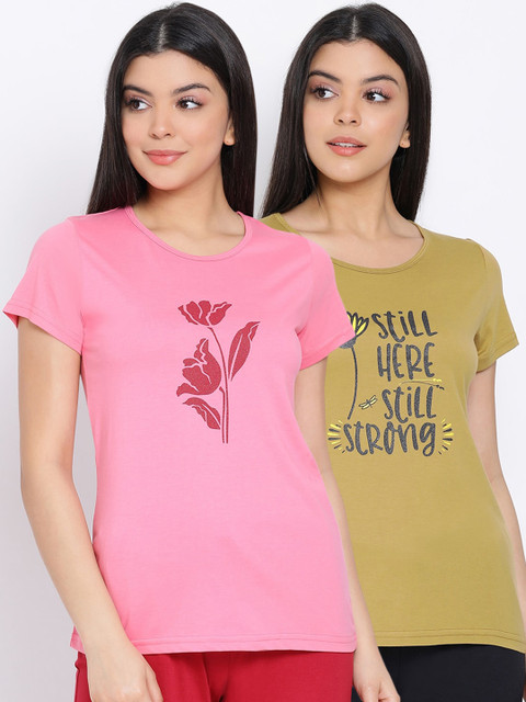 

Kanvin Women Green & Pink Pack Of 2 Printed Pure Cotton Lounge T-shirts