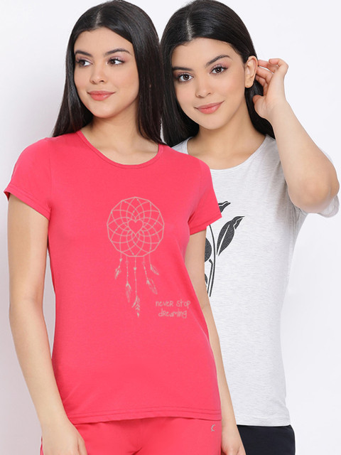 

Kanvin Women Pink & Grey Pack Of 2 Printed Pure Cotton Lounge Tshirts