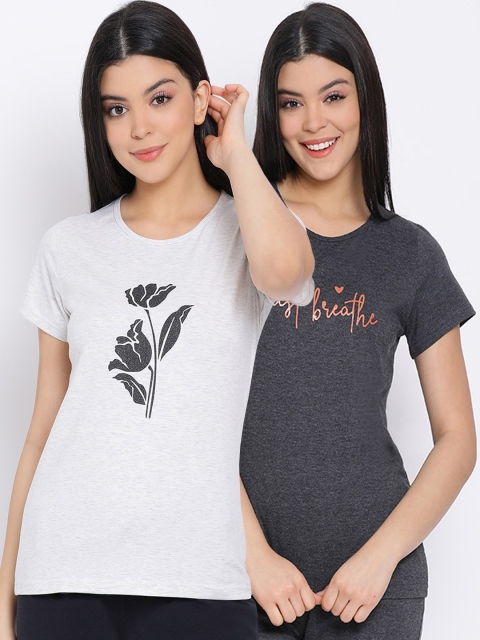 

Kanvin Women Pack Of 2 Printed Pure Cotton Lounge Tshirts, Charcoal