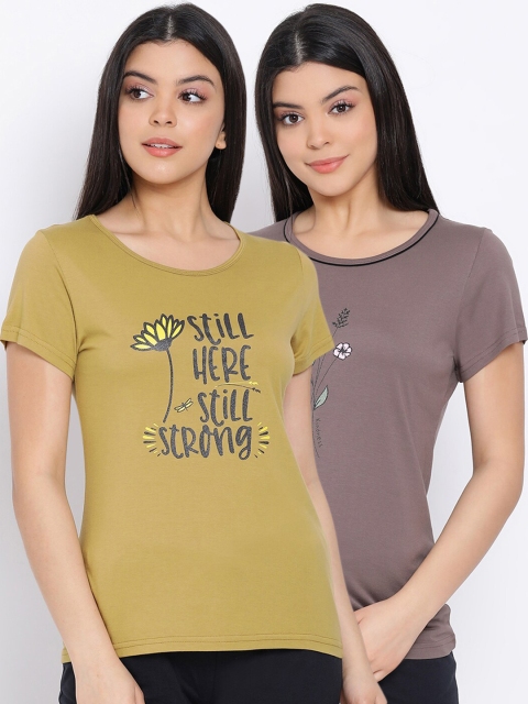 

Kanvin Women Yellow & Brown Pack Of 2 Printed Pure Cotton Lounge Tshirts