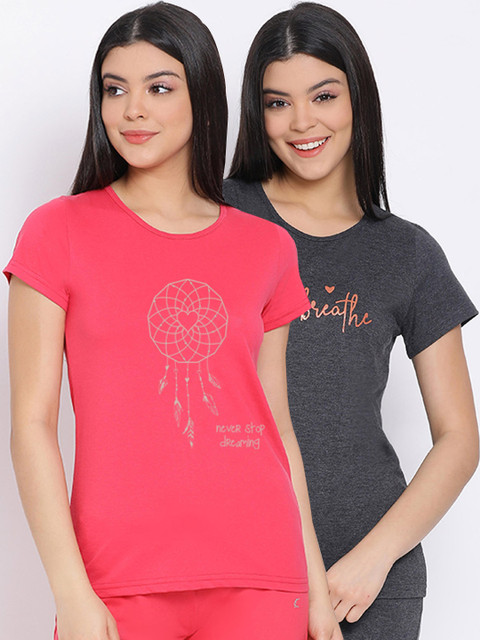 

Kanvin Women Pack Of 2 Printed Pure Cotton Lounge T-Shirts, Charcoal