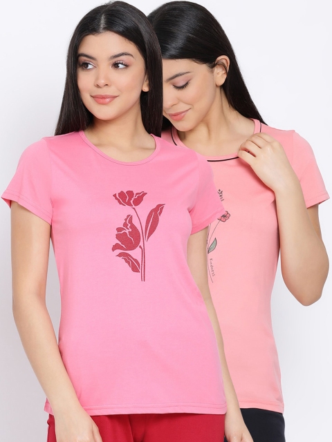 

Kanvin Women Pink Pack Of 2 Printed Pure Cotton Lounge Tshirts