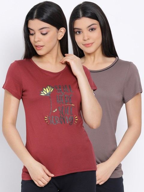 

Kanvin Women Maroon & Brown Pack Of 2 Printed Pure Cotton Lounge Tshirts