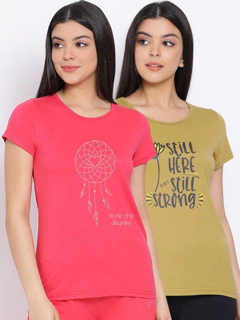 

Kanvin Women Pack Of 2 Printed Pure Cotton Lounge T-Shirts, Mustard