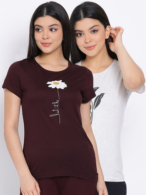 

Kanvin Women Pack Of 2 Pure Cotton Lounge T-shirts, Coffee brown