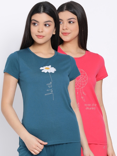 

Kanvin Women Pack Of 2 Printed Pure Cotton Lounge T-shirts, Teal