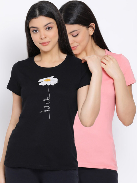 

Kanvin Women Pack Of 2 Printed Pure Cotton Lounge T-Shirts, Black