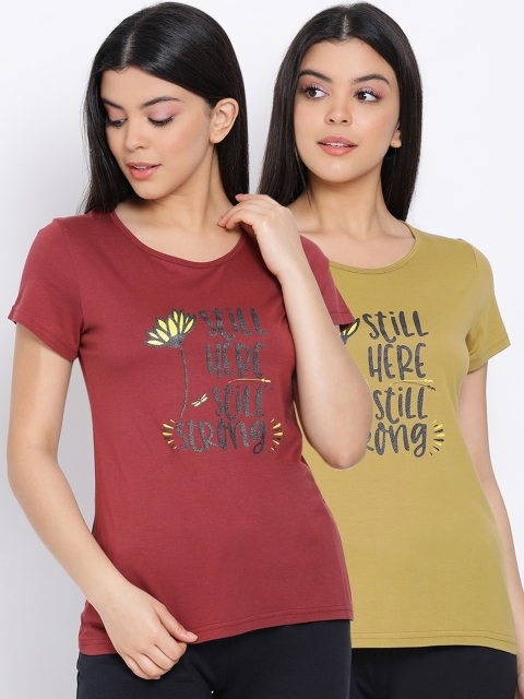 

Kanvin Women Green & Maroon Pack Of 2 Printed Pure Cotton Lounge Tshirts