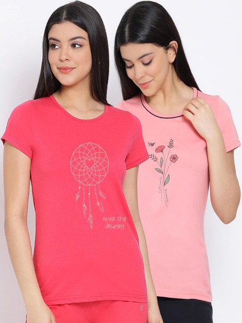 

Kanvin Women Fuchsia & Pink Pack Of 2 Printed Pure Cotton Lounge T-Shirts