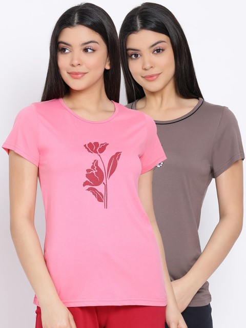 

Kanvin Women Brown & Pink Pack Of 2 Printed Pure Cotton Lounge T-Shirts