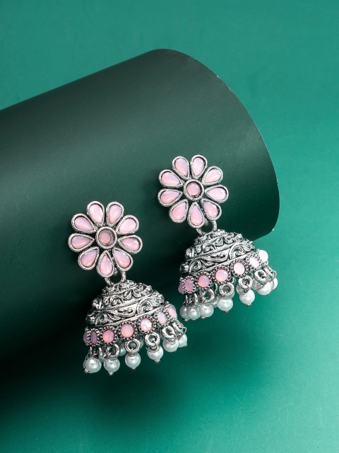 

aadita Silver-Toned Geometric Jhumkas Earrings