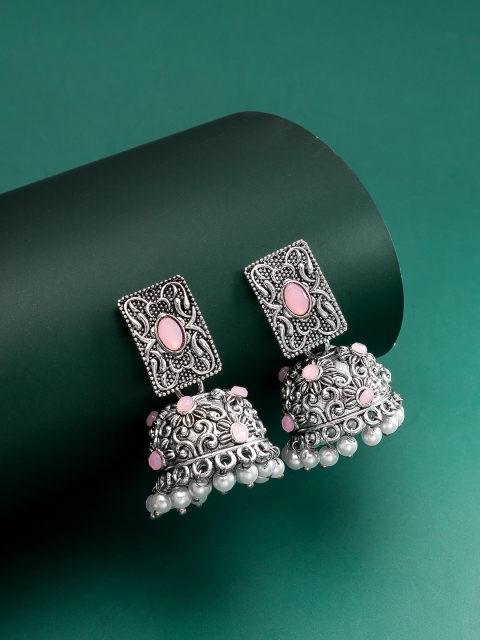 

aadita Silver-Plated Pink & White Dome Shaped Jhumkas