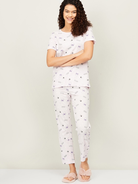 

Ginger by Lifestyle Women White & Purple Printed Night suit