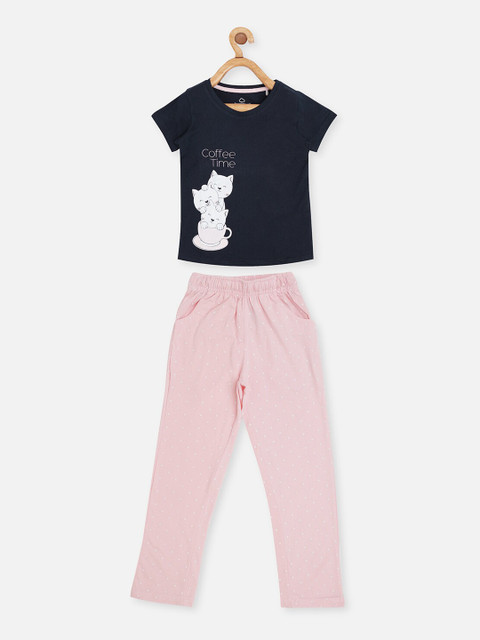 

Sweet Dreams Girls Navy Blue & Pink Printed Night suit