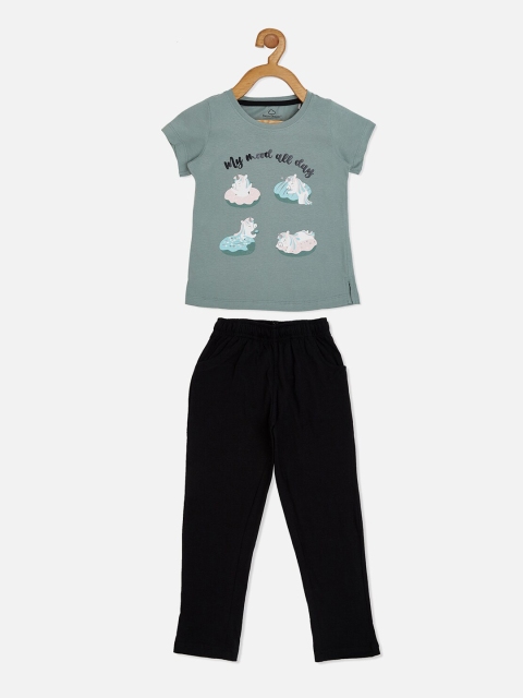 

Sweet Dreams Girls Green & Black Printed Night suit