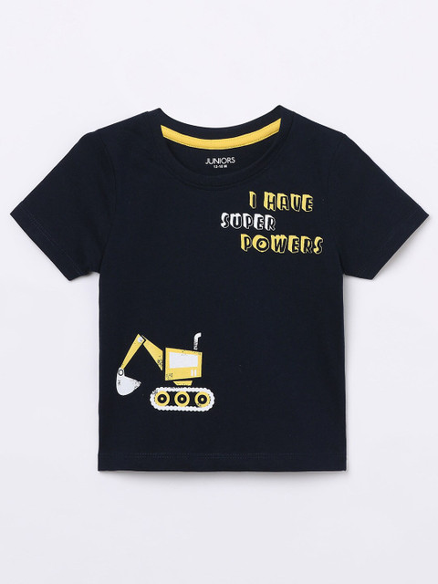 

Juniors Boys Navy Blue Typography Printed Pure Cotton T-shirt