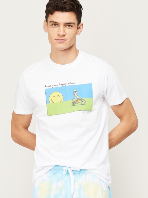 

SmileyWorld Men White & Blue Typography Printed Cotton T-shirt