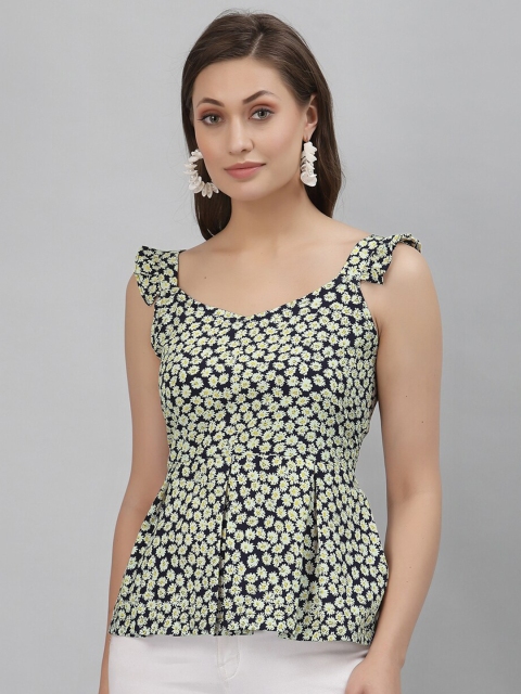 

Selvia Blue & Yellow Floral Printed Crepe Peplum Top