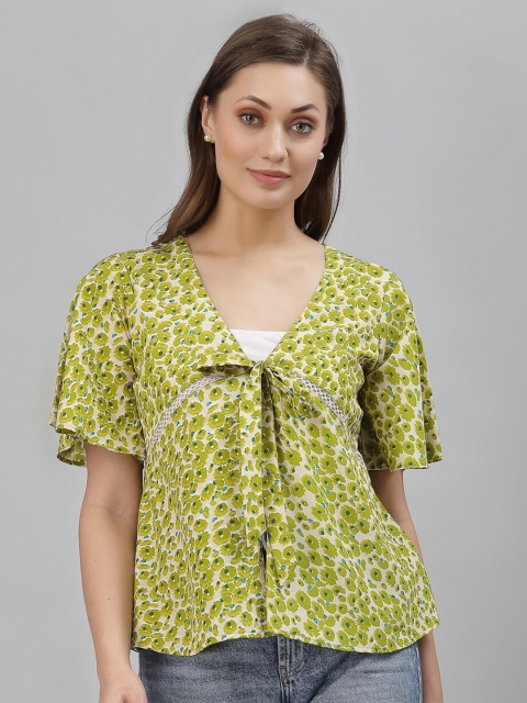 

Selvia Green & Beige Floral Print Crepe Top