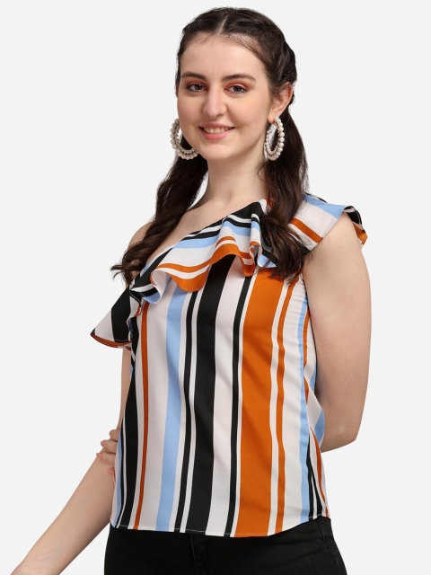 

Selvia Blue & Orange Striped Ruffles Crepe Top
