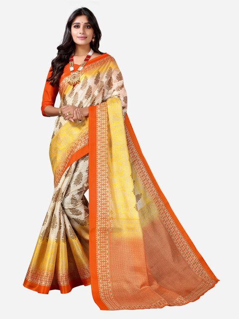 

KALINI White & Yellow Floral Art Silk Saree