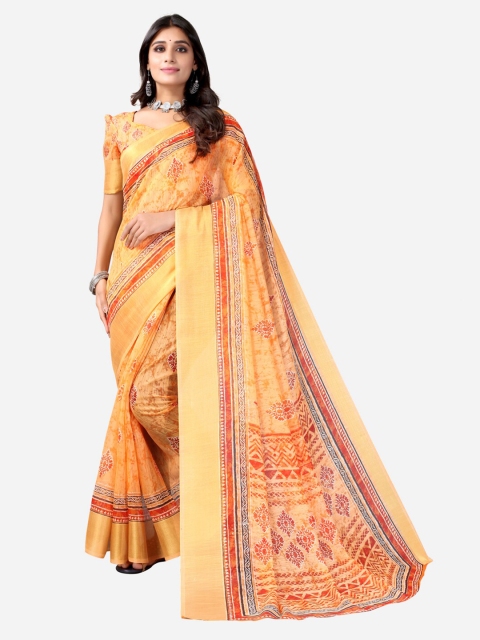 

KALINI Orange & Red Ethnic Motifs Printed Zari Saree