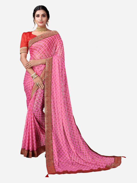 

KALINI Pink & Red Floral Foil Printed Lycra Zari Saree With Tassels