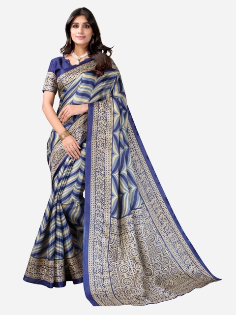 

KALINI Blue & Cream-Coloured Ethnic Motifs Printed Silk Cotton Saree