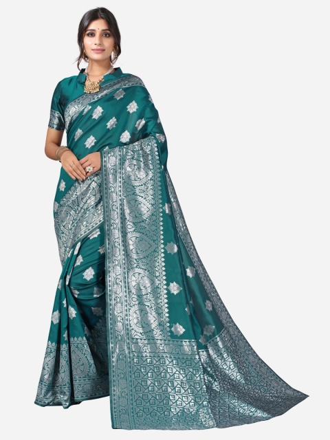 

KALINI Teal & Silver-Toned Ethnic Motifs Woven Design Poly Silk Jacquard Saree