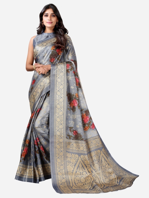 

KALINI Grey & Gold-Toned Floral Art Silk Saree