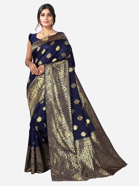 

KALINI Navy Blue & Gold-Toned Ethnic Motifs Zari Jacquard Saree