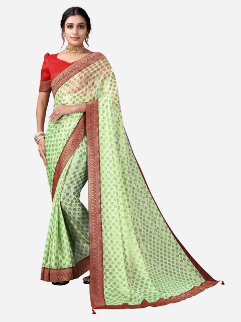 

KALINI Green & Red Floral Foil Printed Saree With Tassels