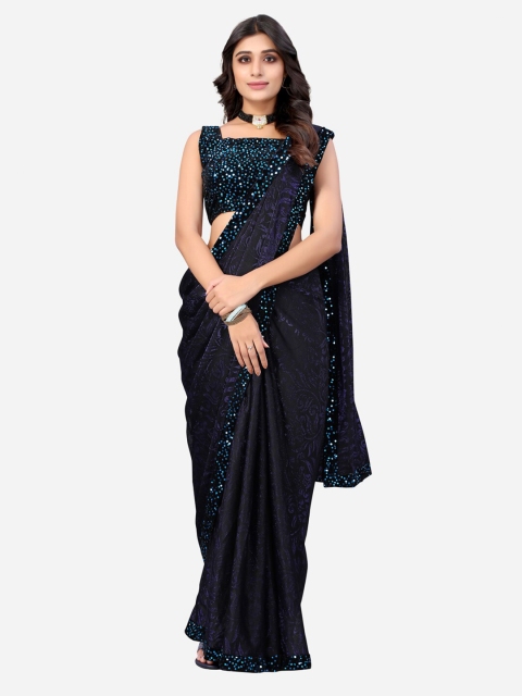 

KALINI Black Floral Polyester Saree With Embellished Border