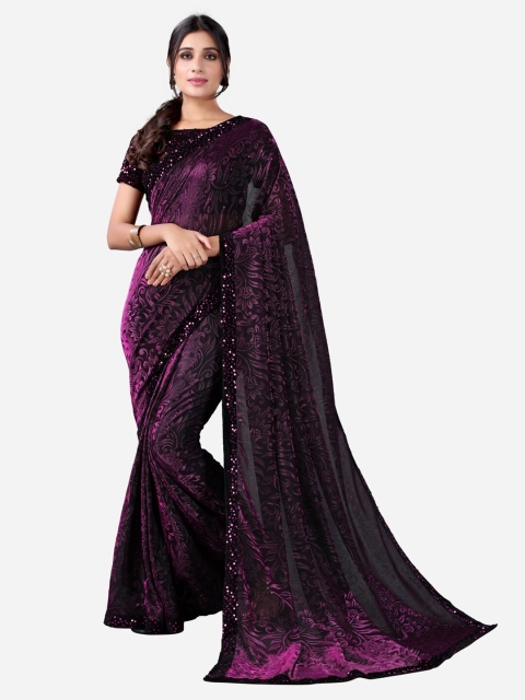 

KALINI Purple Floral Sequinned Saree