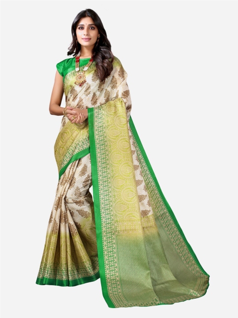 

KALINI White & Green Floral Printed Art Silk Saree