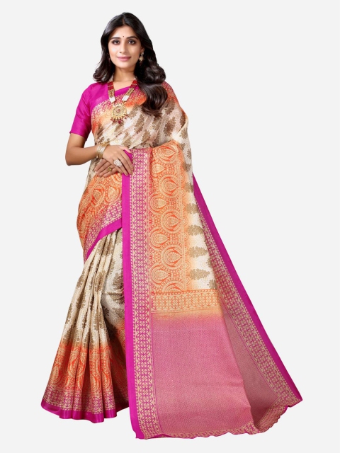 

KALINI White & Pink Floral Printed Art Silk Saree