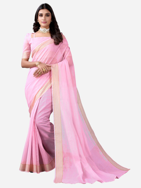 

KALINI Pink & Gold-Toned Striped Zari Saree