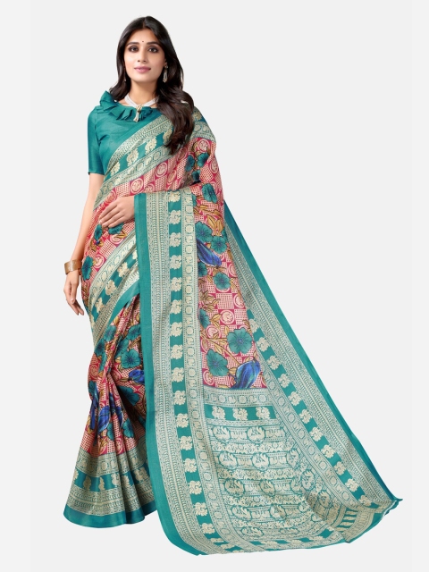 

KALINI Pink & Teal Floral Zari Art Silk Saree