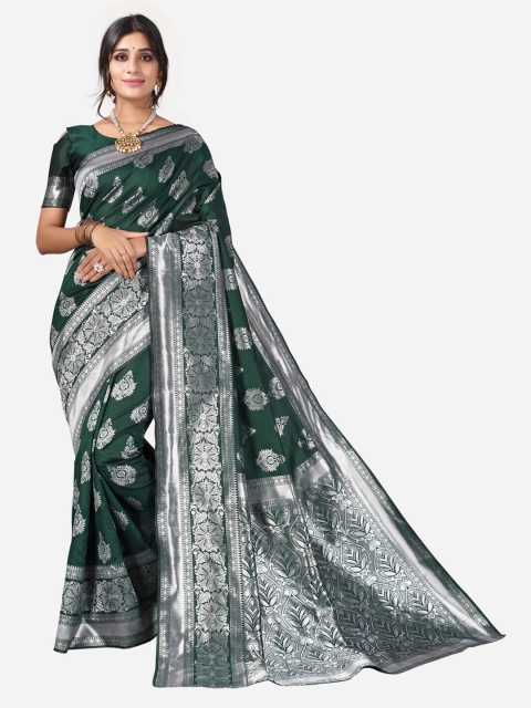 

KALINI Green & Silver-Toned Ethnic Motifs Zari Saree