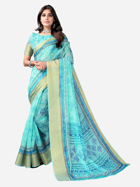 

KALINI Turquoise Blue & Gold-Toned Ethnic Motifs Zari Saree
