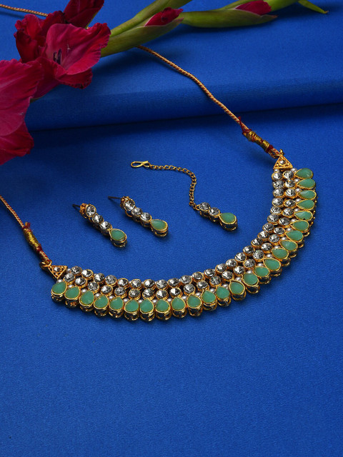 

SOHI Gold-Plated Green & White Stone-Studded Jewellery Set