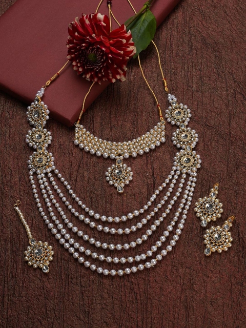 

SOHI Gold-Studded White Pearl-Studded Jewellery Set